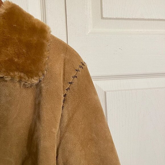 Vintage Womens Tan 100% Leather Faux Fur Trim Patchwork Penny Lane Coat Large - Picture 6 of 8